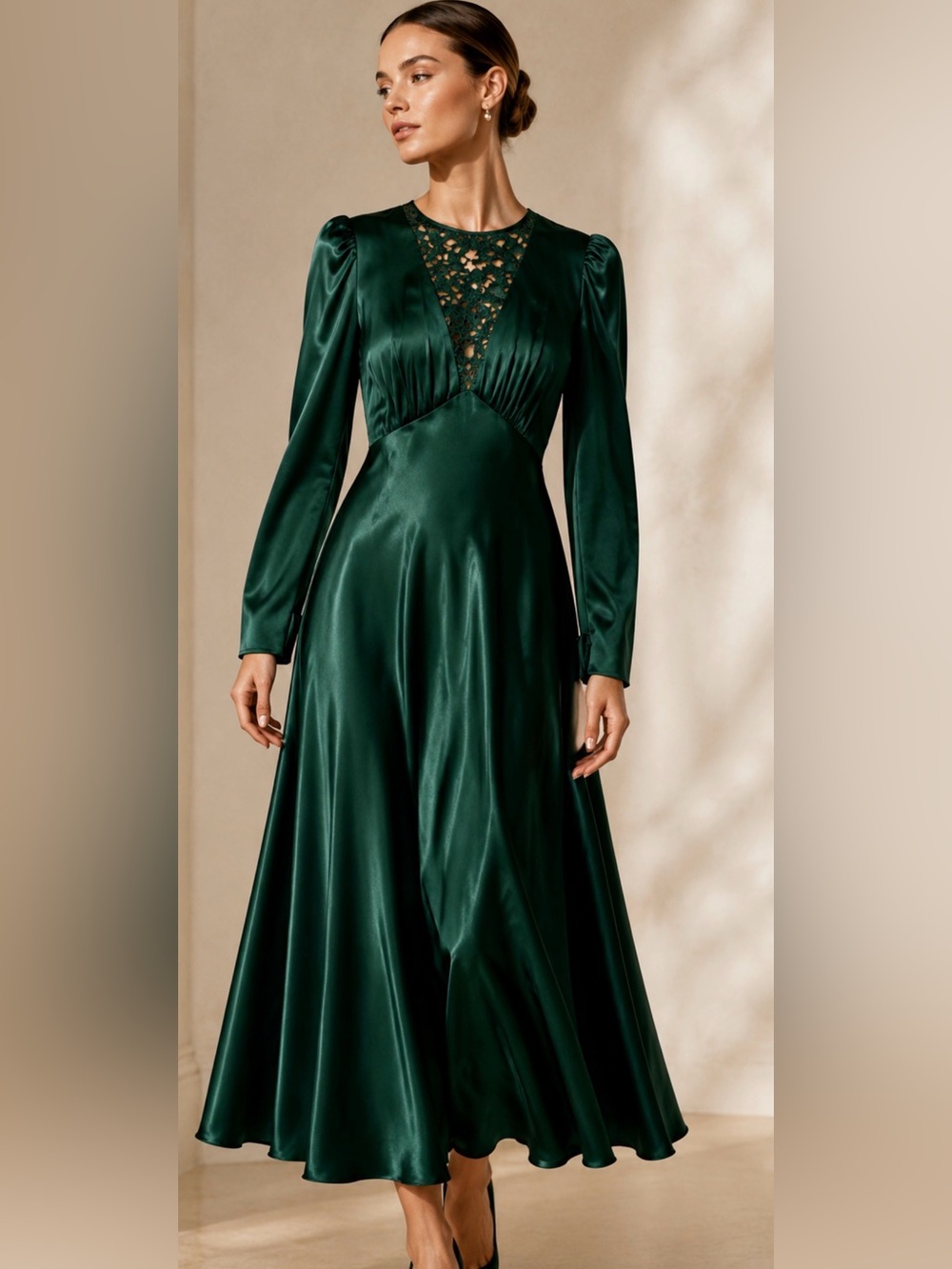 NWT DÔEN Heirloom Melinda Embroidered Silk-Satin Midi Dress in Alpine Green L!
